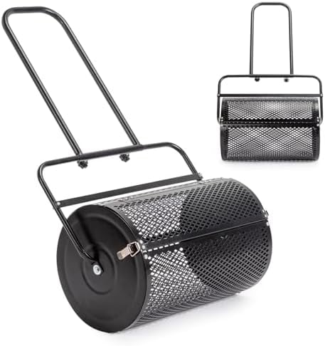 24 Inch Compost Lawn Spreader,Durable and Lightweight Fertilizer Spreaders,Garden Peat Moss Roller,Metal Mesh Roller Lawn Spreader,with Double Side Latches,for Lawn Garden Yard Care (Black)