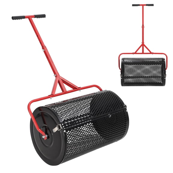 24 Inch Compost & Peat Moss Spreader – Adjustable T-Handle, Powder-Coated Metal Mesh Roller, Side Latches, Perfect for Grass Seed, Topsoil, Fertilizer – Lawn & Garden Seeder – Handle Red