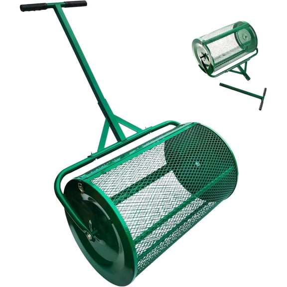24 Inch Compost Peat Moss Top Dressing Spreader Roller, Heavy Duty Steel Lawn & Garden Spreader with Upgraded Side Clasps, Adjustable Handle Mesh Basket for Topsoil, Sand, Manure, Mulch