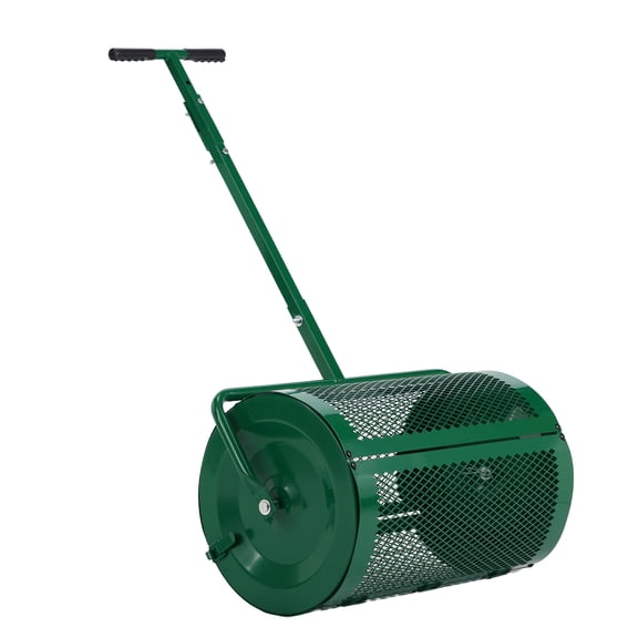 24-Inch Compost Spreader with Adjustable Handle, Powder Coated Steel Mesh Basket, Side Latch System, All-Terrain Lawn Roller Spreader for Compost Peat Moss Topsoil Manure Lawn Garden Care