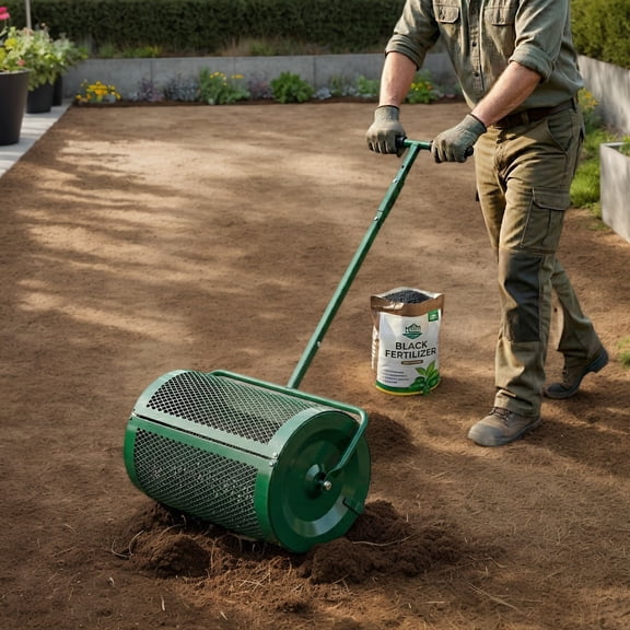 24 Inch Compost Spreader, Green Steel Mesh Structure, Adjustable Comfort Grip Handle, Multipurpose Lawn Roller for Peat Moss, Fertilizer and Garden Soil Distribution