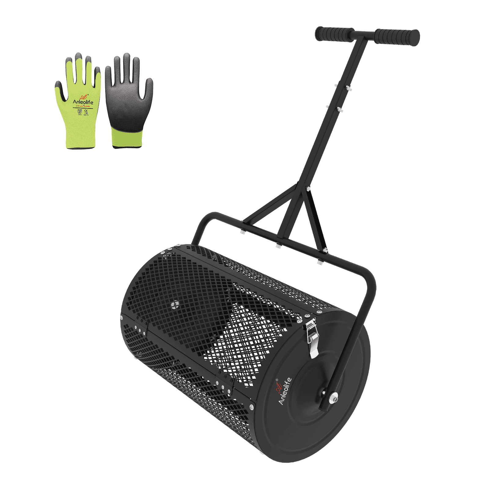 TRAMULL 24 Inch Compost Spreader, Lawn and Garden Peat Moss Roller with Side Latches, 24-31.1" Height Adjustable Handle, Galvanized Metal Mesh Basket for Spreading Topsoil, Manure, Mulch, Black