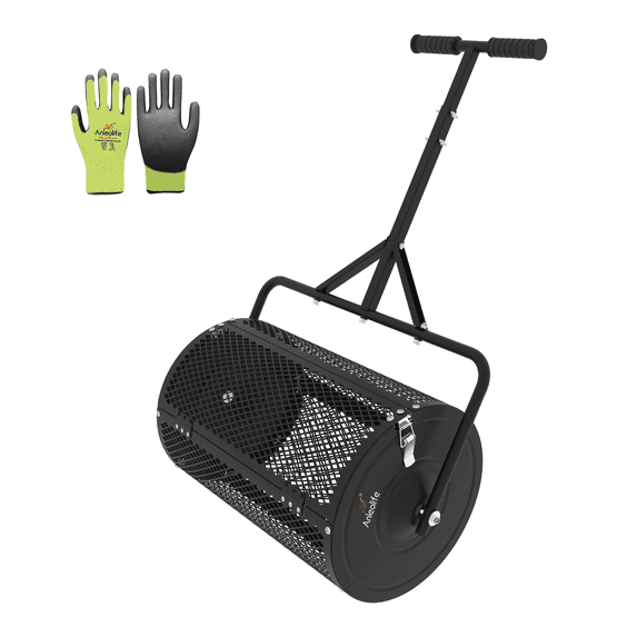 TRAMULL 24 Inch Compost Spreader, Lawn and Garden Peat Moss Roller with Side Latches, 24-31.1" Height Adjustable Handle, Galvanized Metal Mesh Basket for Spreading Topsoil, Manure, Mulch, Black