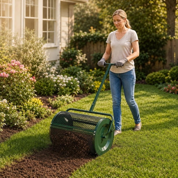 24 Inch Compost Spreader Peat Moss Lawn Roller with Adjustable T-Handle, Heavy Duty Metal Mesh for Garden Soil and Fertilizer, Green