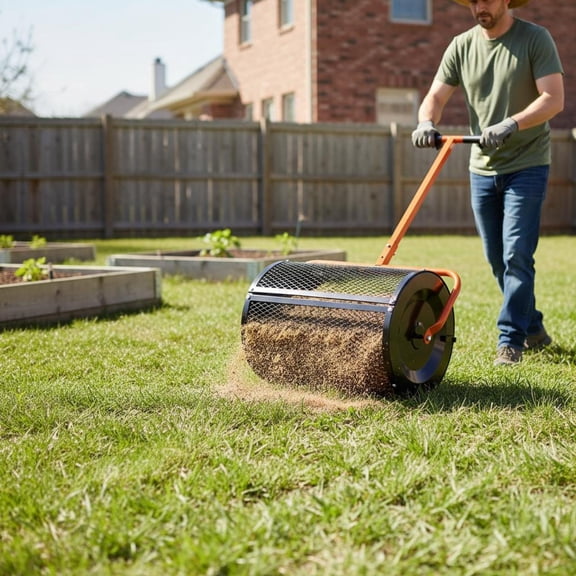 24 Inch Compost Spreader Roller, Peat Moss Spreader, Metal Mesh Basket, Adjustable T-Shape Handle