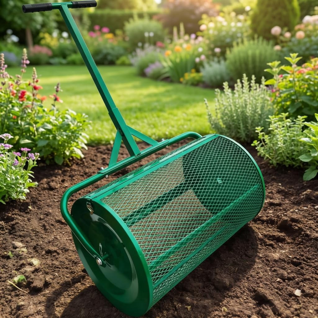 24 Inch Compost and Peat Moss Spreader, Heavy-Duty Lawn Top Dressing Roller for Soil, Sand,