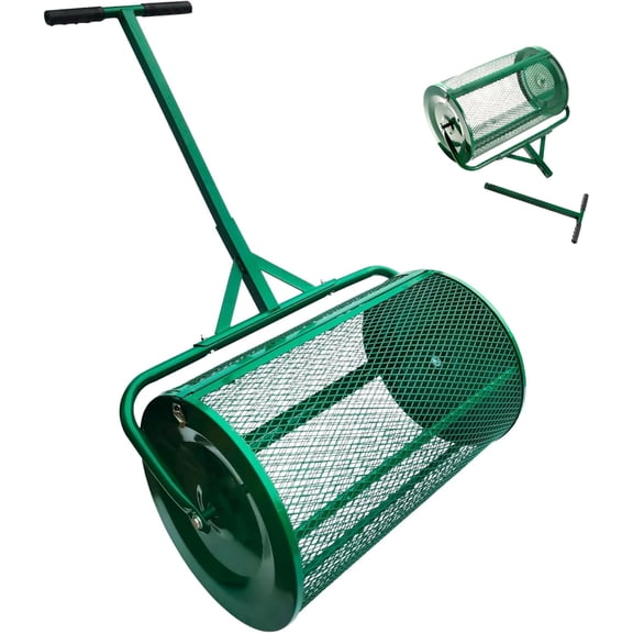 24 Inch Compost and Peat Moss Spreader Roller, Green Metal Lawn and Garden Top Dressing Spreader for Top Soil, Sand, Manure, Mulch