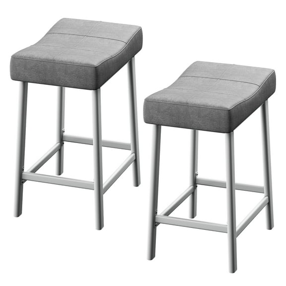 24 Inch Counter Height Bar Stools Set of 2 – Backless Upholstered Saddle Seat, Padded Curved PU Leather Cushion, Modern Metal Base, Easy Assembly– White Frame & Grey Cushion, 24 inches - 2 pieces