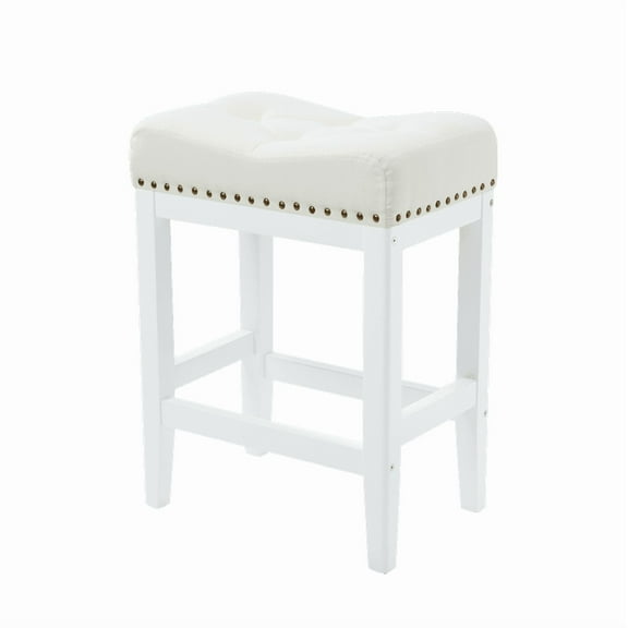 24 Inch Counter Height Bar Stools Set of 3 - Backless Farmhouse Style, Upholstered Fabric Linen with Solid Wood Legs, Small Space Friendly for Kitchen Island, Easy Assembly, Cream White