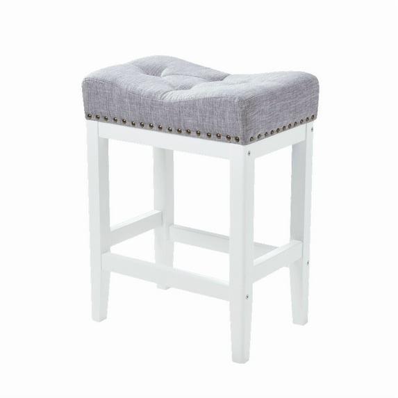 24 Inch Counter Height Bar Stools Set of 4 - Backless Farmhouse Style, Upholstered Fabric Linen with Solid Wood Legs, Small Space Friendly for Kitchen Island, Easy Assembly, Light Grey