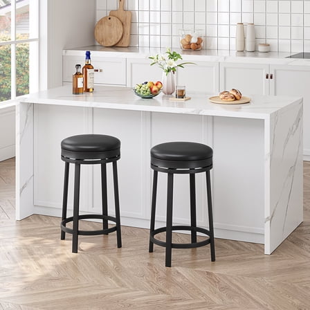 24-Inch Counter Height Swivel Bar Stools (Set of 2) with Footrest, Modern Round Stools Upholstered in PU Leather with Metal Frame, Backless Design for Kitchen Island, Black/Brown