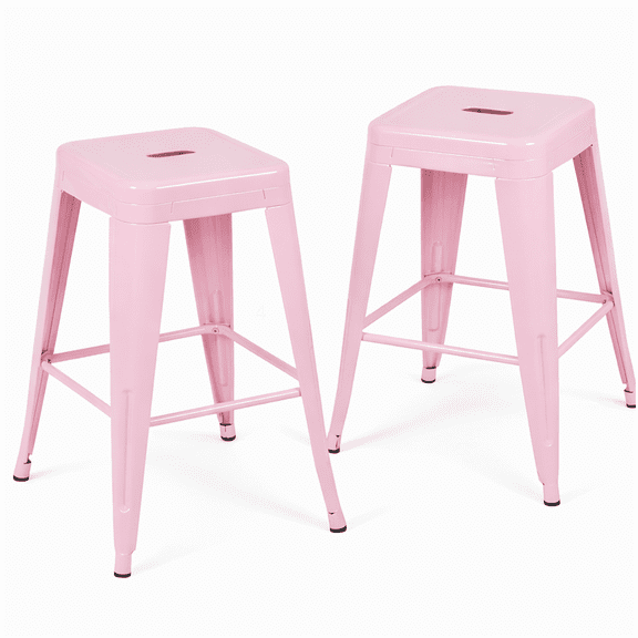 24 Inch Counter Stool Set of 2, Backless Metal Bar Stool in Pink, Easy Assembly Kitchen Island Stools, Waterproof Durable Design