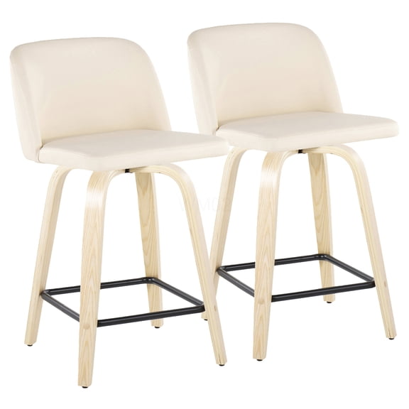 24 Inch Counter Stool Set of 2 with Swivel, Cream Faux Leather Upholstery and Built-in Footrest
