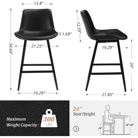 24 Inch Counter Stool Set of 3, Modern Bucket Barstools with Back and Footrest, Faux Leather Kitchen Island Chairs for Restaurant Home Office, Black