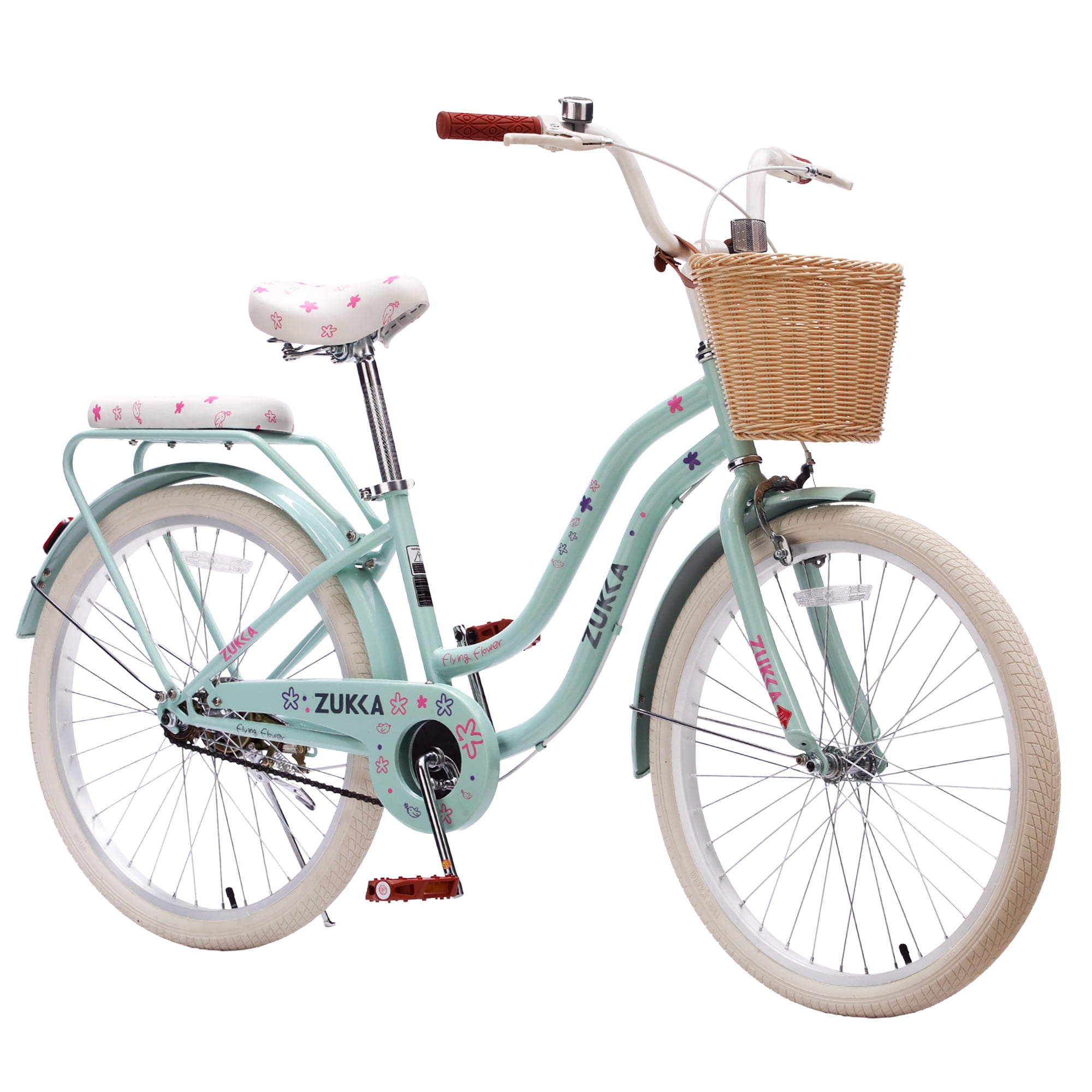 24 Inch Cruiser Bike for Girls, Single Speed Commuter Bicycle with Wicker Basket & Rear Rack, High Carbon Steel Frame Comfort City Bike for Outdoor Riding
