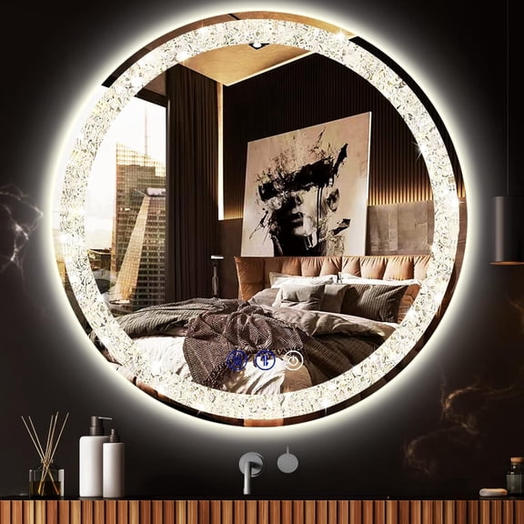 24 Inch Crystal LED Round mirror with Lights 3 Color Smart Memory Adjustable Brightness Frontlit AntiFog 24 Diamond Crystal Circle Round Lighted Vanity Mirror for Bathroom Makeup Wall Mounted