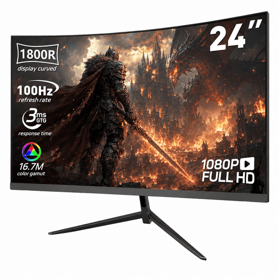 24-Inch Curved Computer Monitor, Full HD 1080P 100Hz Display, 1800R Curved Monitor with Built-in Speakers, AMD FreeSync Compatible, HDMI & DisplayPort, Monitor for Home Office, Gaming