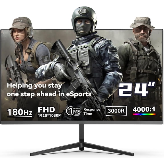 24 Inch Curved Gaming , FHD 1080P (1920x1080), 180Hz Rate, 3000R Curvature, VA Panel, 98% sRGB, HDR10, FreeSync, 4000:1 Contrast Ratio, HDMI/DP Ports, VESA Mountable - Black