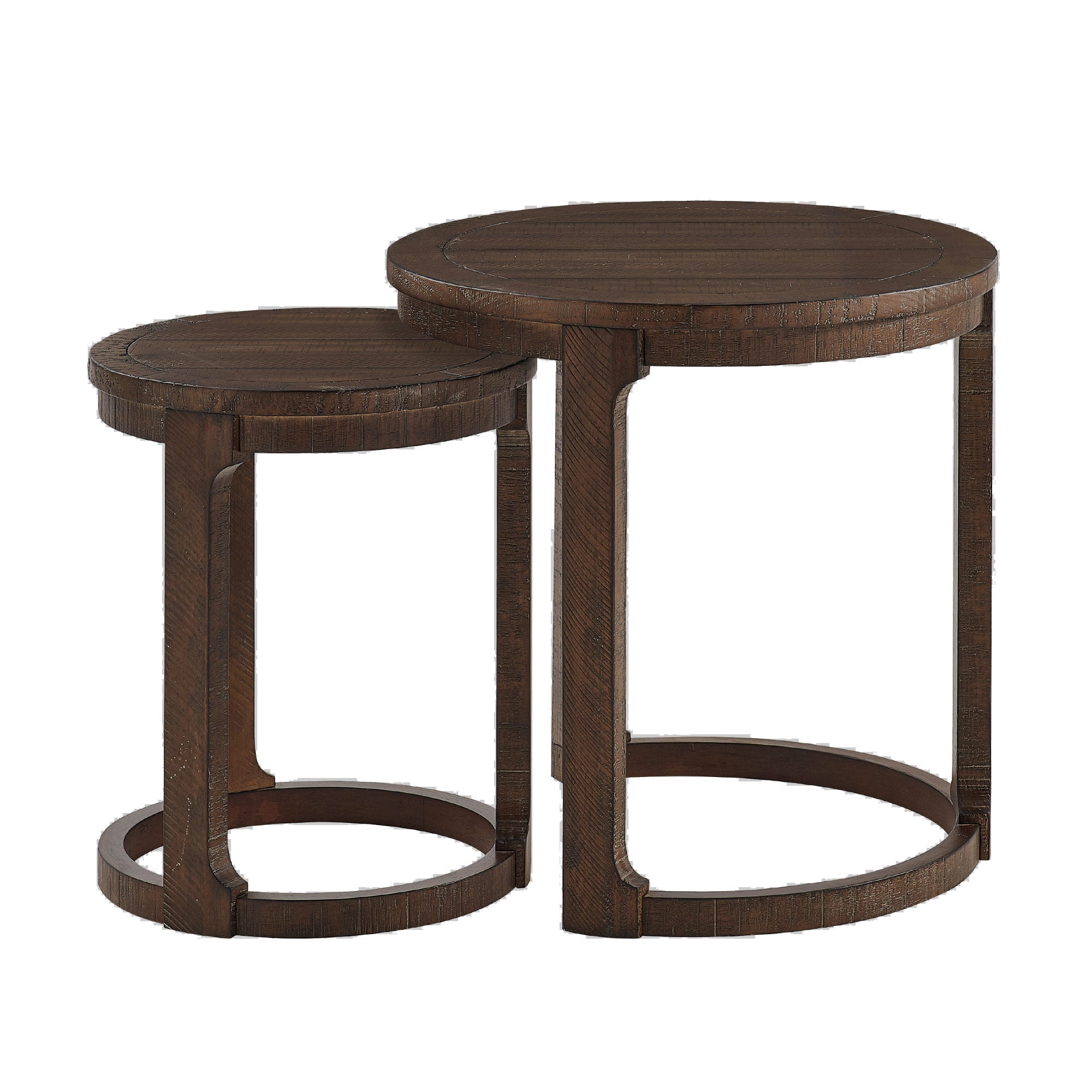 24 Inch Curved Round Coffee Table Set, Mid Century Rustic Style Nesting Side Tables with Staggered Height, Solid Wood and MDF Construction, Dark Brown Finish