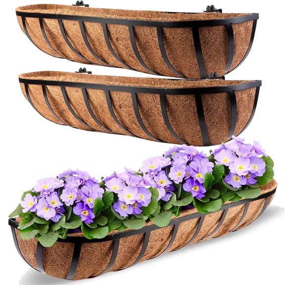 StarQualityBargain 24 Inch Railing Planter Box with Coco Liner, Metal Deck Rail Flower Box for Balcony, Porch, Fence, Outdoor Garden, 3 Pack