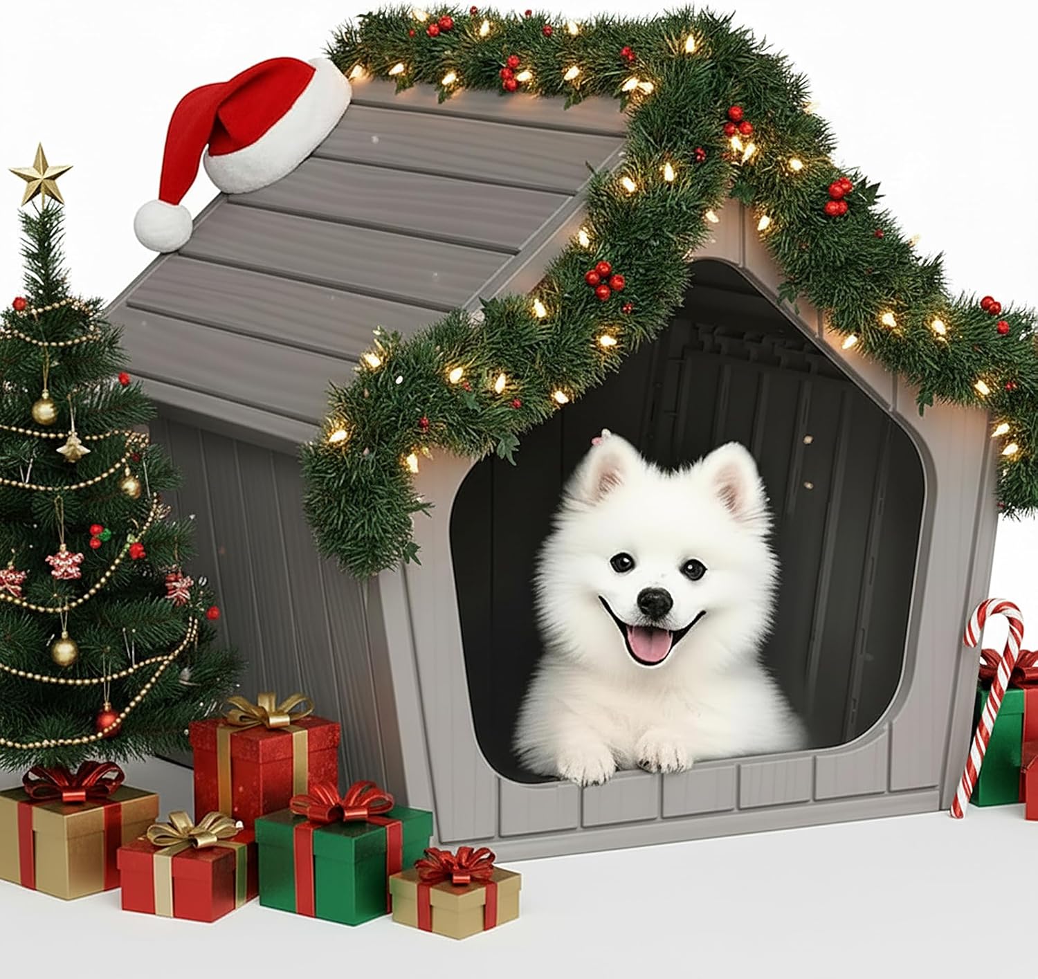 24 Inch Dog House Indoor Outdoor Durable Resin Material Houses for Dogs Outside Weatherproof Cozy Small Dog Houses Pet Shelter for Patio, Porch, Living Room,Grey