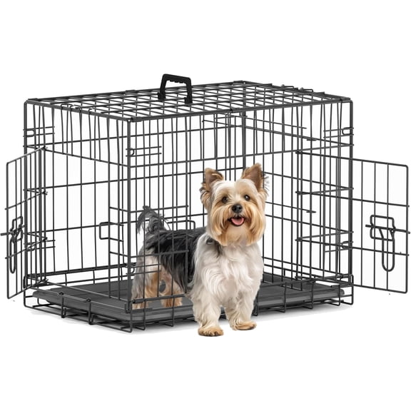 24 Inch Double Door Small Dog Crate with Divider Panel and Leak- Proof Pan Tray, Folding Metal Wire Pet Kennel for Indoor,Antigue Color