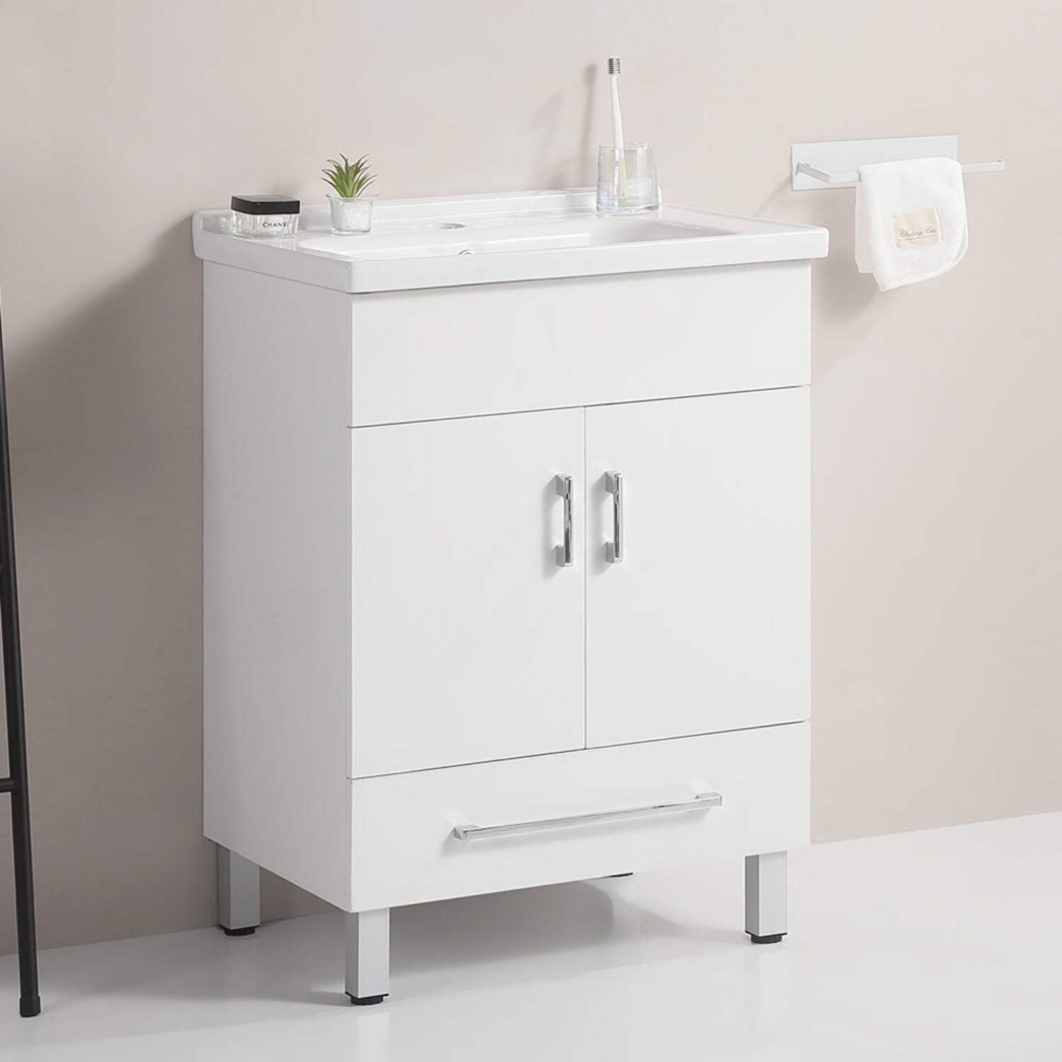 24 Inch Double Doors With Drawers White Bathroom Cabinet With Ceramic ...