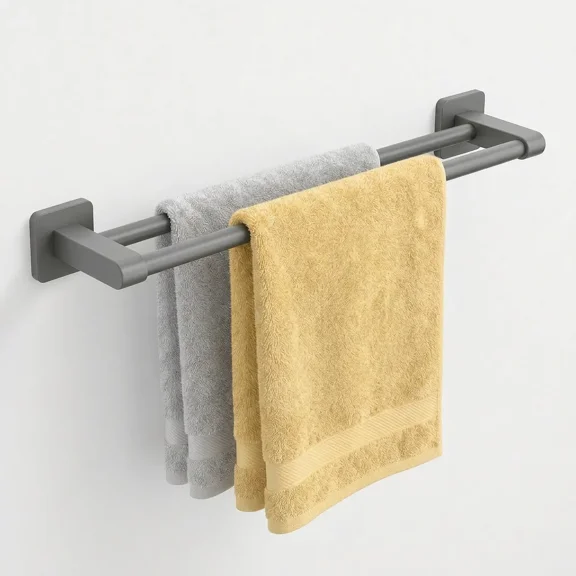 24 Inch Double Layer Towel Bar, Gray Space Aluminum No Drill Towel Rack, Self-Adhesive Wall Mounted Waterproof Rustproof 2-Tier Towel Holder for Bathroom Kitchen Home