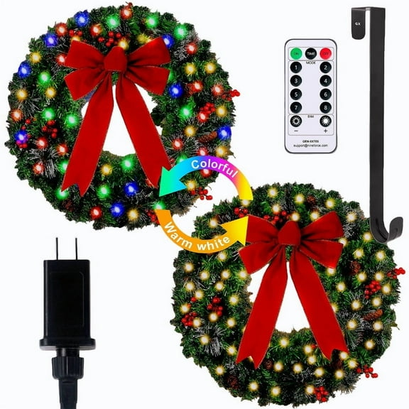 24 Inch Dual Color Pre-Lit Flocked Christmas Wreath, Plug-In Artificial Snow Flocked Pine Door Decor with Color Changing LEDs, 8 Light Modes, 15" Hanger, Remote Control, Pine Cones & Winter Berry