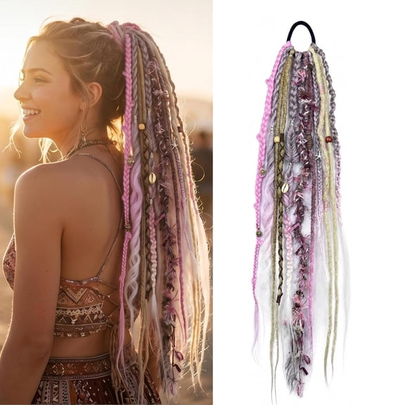 24 Inch Elastic Braided Dreadlock Ponytail Extension, Clip In Boho Hairpiece With Shell Charm Beads For Daily Party Hairstyle(Pink)