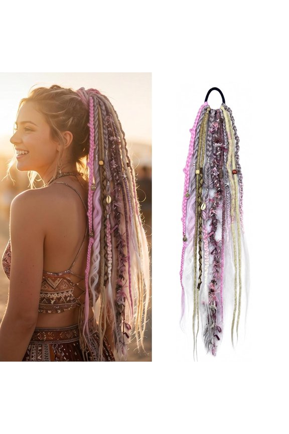 24 Inch Elastic Braided Dreadlock Ponytail Extension, Clip In Boho Hairpiece With Shell Charm Beads For Daily Party Hairstyle(Pink)