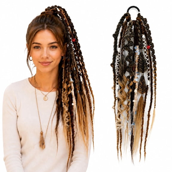 24 Inch Elastic Dread Ponytail Salty Soul Boho Dreadlock, Elastic Hair Tie Faux Locs Hairpiece, Synthetic Braided Hair Extension with Beads and Charms for Women