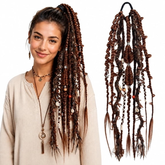 24 Inch Elastic Dread Ponytail Salty Soul Boho Dreadlock, Elastic Hair Tie Faux Locs Hairpiece, Synthetic Braided Hair Extension with Beads and Charms for Women