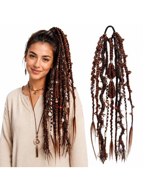 24 Inch Elastic Dread Ponytail Salty Soul Boho Dreadlock, Elastic Hair Tie Faux Locs Hairpiece, Synthetic Braided Hair Extension with Beads and Charms for Women