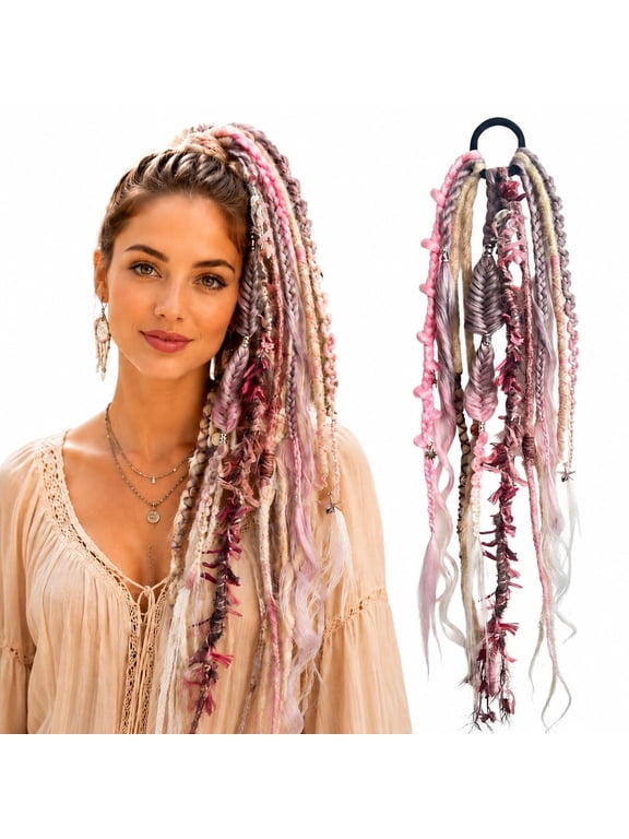 24 Inch Elastic Dread Ponytail Salty Soul Boho Dreadlock, Elastic Hair Tie Faux Locs Hairpiece, Synthetic Braided Hair Extension with Beads and Charms for Women