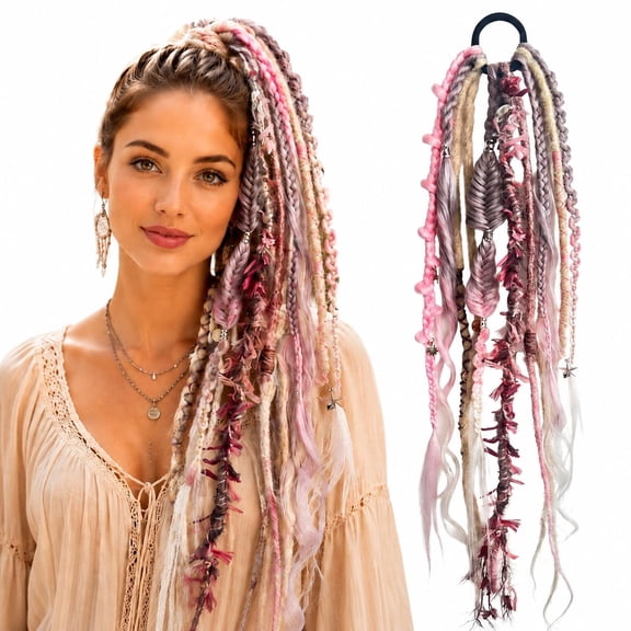 24 Inch Elastic Dread Ponytail Salty Soul Boho Dreadlock, Elastic Hair Tie Faux Locs Hairpiece, Synthetic Braided Hair Extension with Beads and Charms for Women