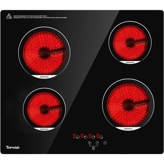 24 Inch Electric Cooktop 4 Burners Drop-in Ceramic Cooktop 6000W Radiant Electric Stove Top Burner with Touch Control Safety Lock Timer 220-240v Hard Wired