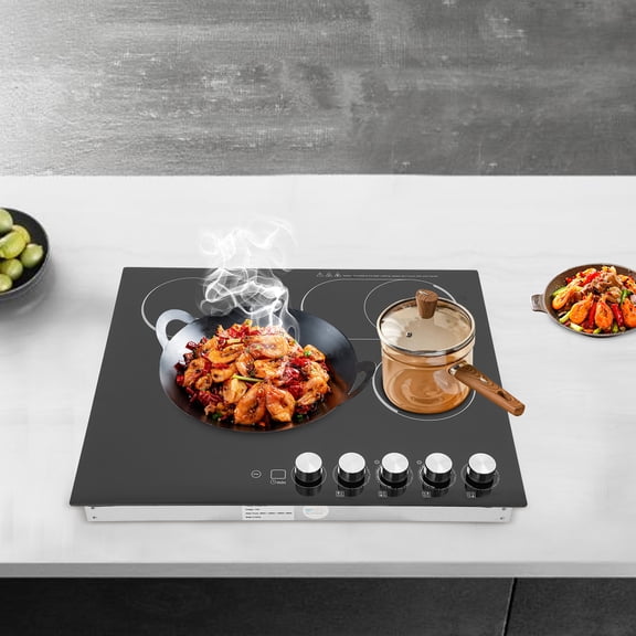 24 Inch Electric Cooktop ,4 Burners Drop-in Ceramic Cooktop with 90Min Timer Knob Control, 5 Power Levels Ceramic Cook Top 110V Electric Stove