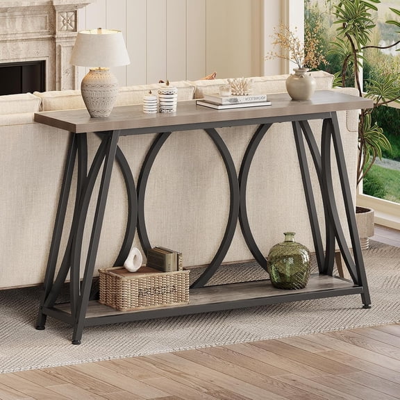 .24 Inch Entryway Console Table, Industrial Sofa Table Behind Couch with Shelves, 2 Tier Accent Table with Metal Frame for Living Room, Entrance, Hallway, Foyer, Gray