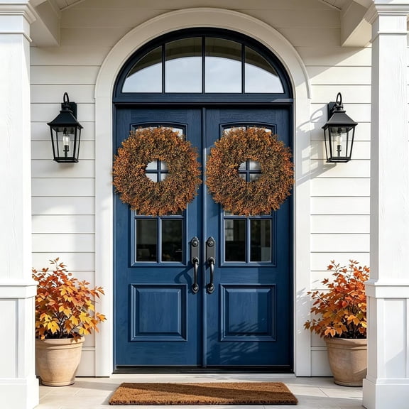 24 Inch Eucalyptus Wreath with Handmade Faux Greenery, Orange and Green Leaves, for Front Door Decoration