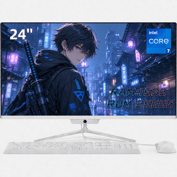 24 Inch FHD All-in-One Desktop Computer, Intel Core i7 4.0GHz, 16GB RAM 256GB SSD, Windows 10, Wired Keyboard & Mouse, White