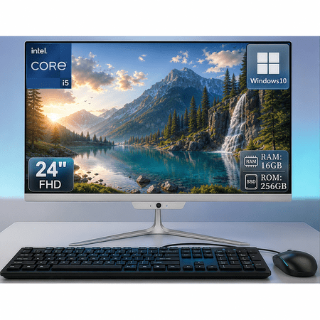24 Inch FHD All-in-One Desktop PC, Intel Core i5 3.6GHz, 16GB RAM 256GB SSD, Built-in HD Webcam, Windows 10, White, Wired Keyboard & Mouse