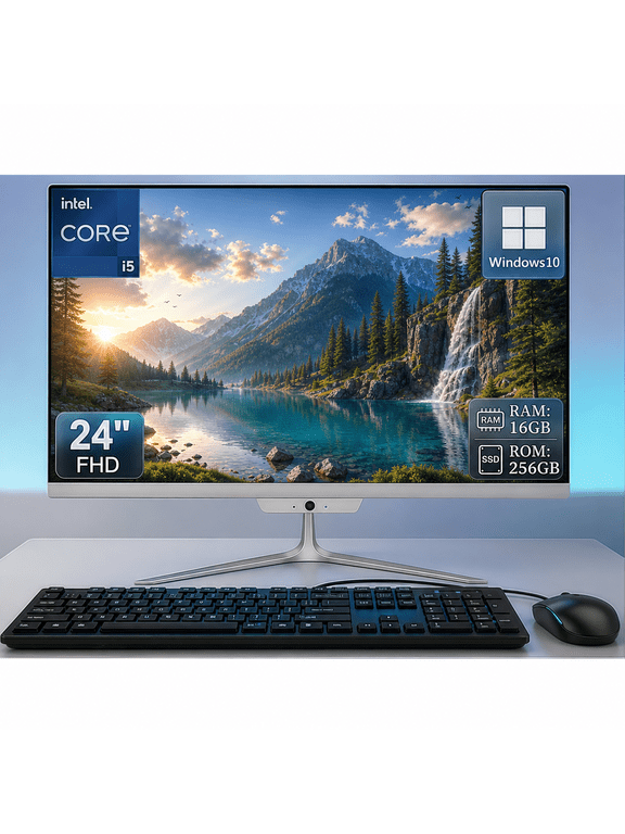 24 Inch FHD All-in-One Desktop PC, Intel Core i5 3.6GHz, 16GB RAM 256GB SSD, Built-in HD Webcam, Windows 10, White, Wired Keyboard & Mouse