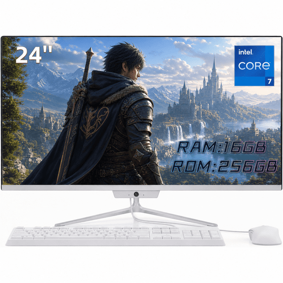 24 Inch FHD All-in-One Desktop PC Intel Core i7 4.0GHz 16GB RAM 256GB SSD Windows 10 with Wired Keyboard & Mouse (White)