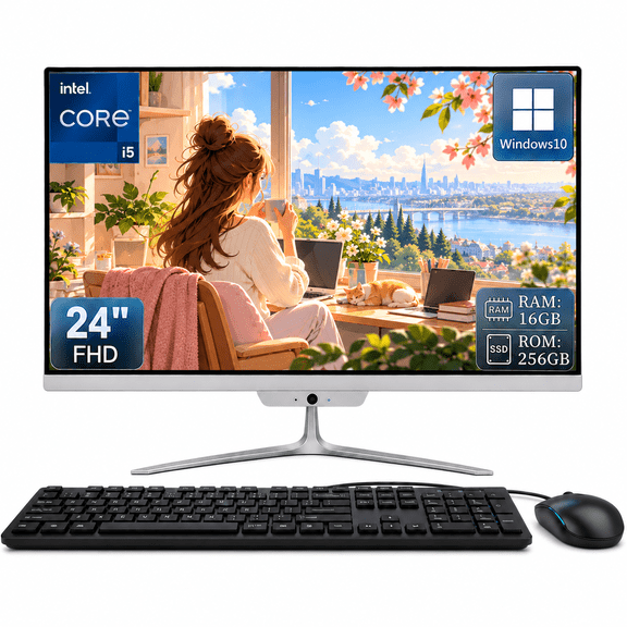 24 Inch FHD All in One Desktop Computer, Intel Core i5, 16GB RAM, 256GB SSD, Built-in HD Webcam and 2.1 Speakers, White, with Wired Keyboard and Mouse, for Home Office and Classroom