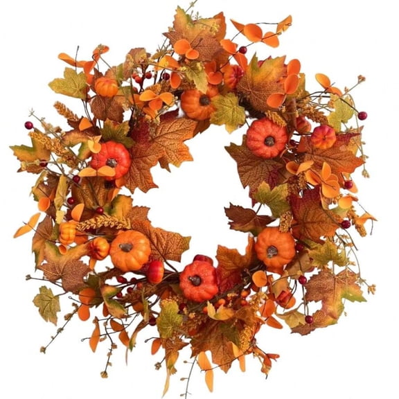 24 Inch Fall Pumpkin Wreath, Harvest Style with Maple Leaves, Front Door/Window/Porch Decoration, Suitable for Thanksgiving & Halloween