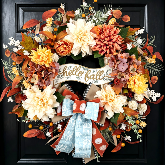 Tempus 22in Faux Fall Wreaths for Front Door Dahlia Chrysanthemum Hydrangea