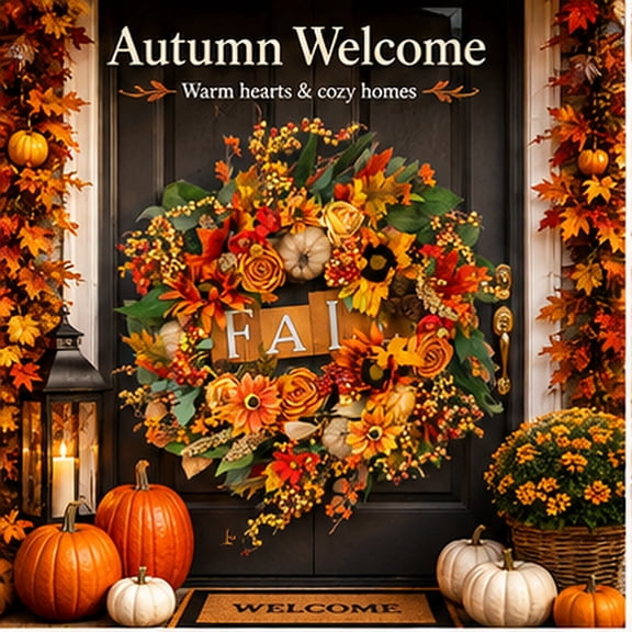 24 Inch Fall Wreath for Front Door, Artificial Pumpkin Wreath with FALL Sign, Sunflowers, Roses, Berries and Pinecones, Autumn Harvest Thanksgiving Farmhouse Porch Decor