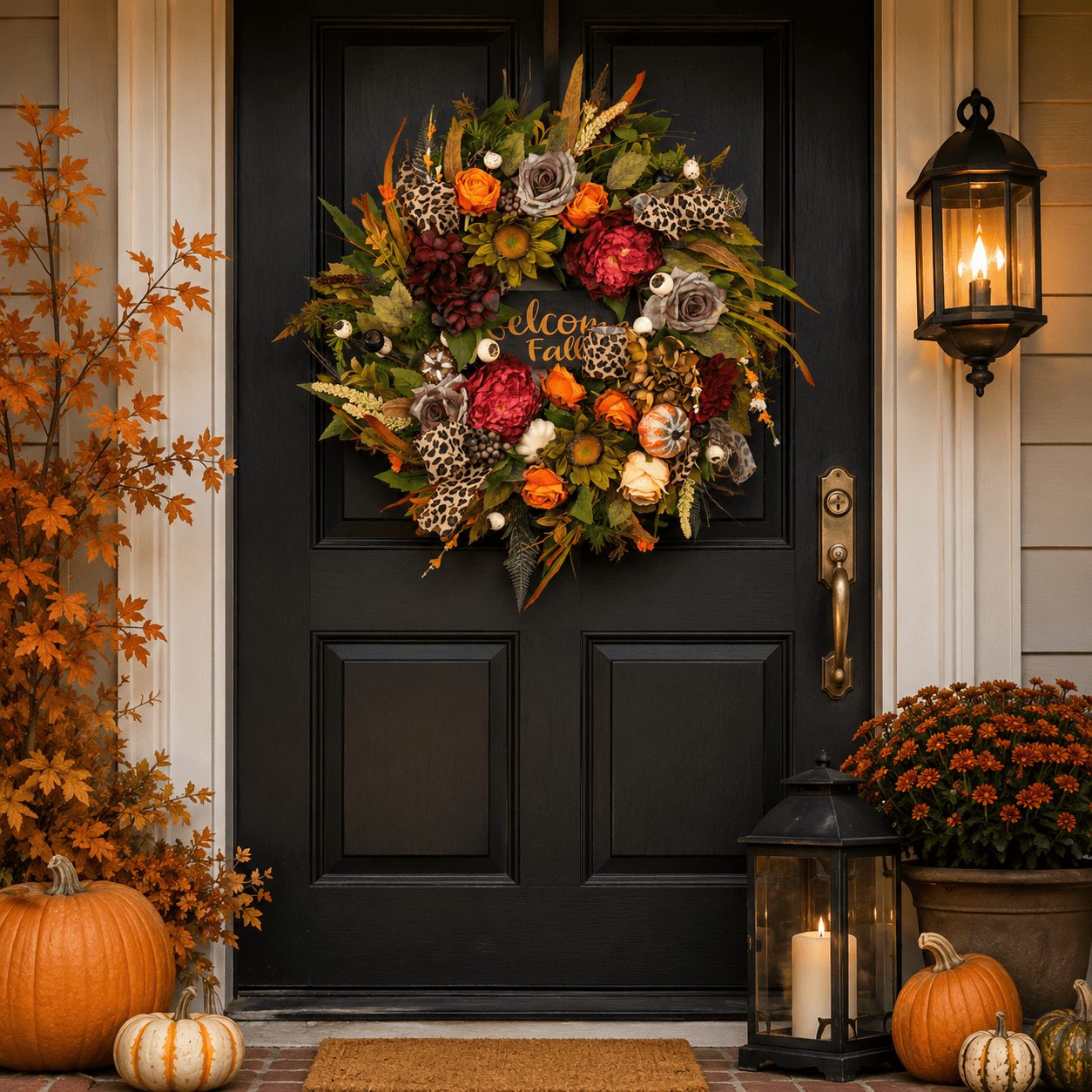 24 Inch Fall Wreath for Front Door, Artificial Purple Rose Pumpkin ...