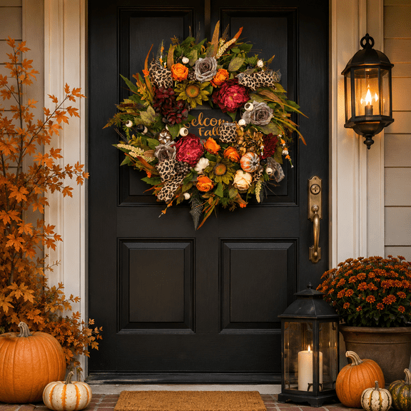 24 Inch Fall Wreath for Front Door, Artificial Purple Rose Pumpkin Wreath with Welcome Fall Sign and Leopard Ribbon, Weather and Fade Resistant Thanksgiving Farmhouse Porch Decor